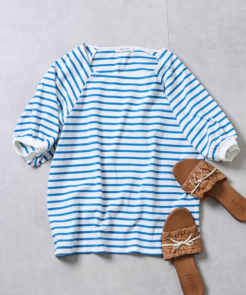 バルーンスリーブ スクエアネック ボーダーTシャツ