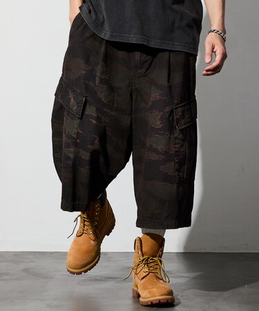 オーバーダイ カモ柄 バギーシルエット カーゴ スリークォーター ショートパンツ
