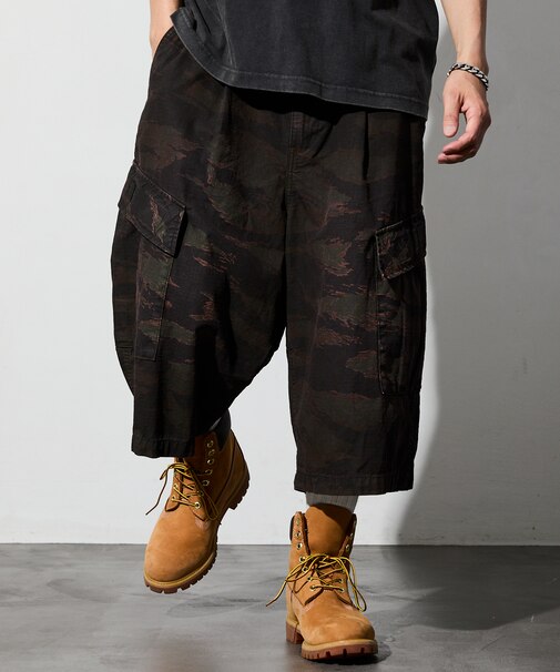 オーバーダイ カモ柄 バギーシルエット カーゴ スリークォーター ショートパンツ