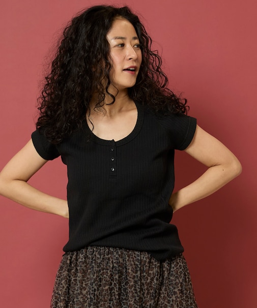 変形ワッフル 半袖ヘンリーネック Tシャツ