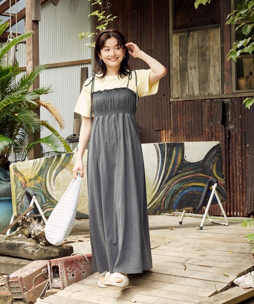 シャーリング加工マキシワンピース