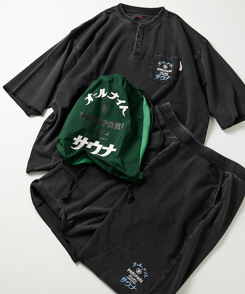 別注 オールナイトサウナ KANNAIGI パウダー加工裏毛セットアップ ナップサック付き