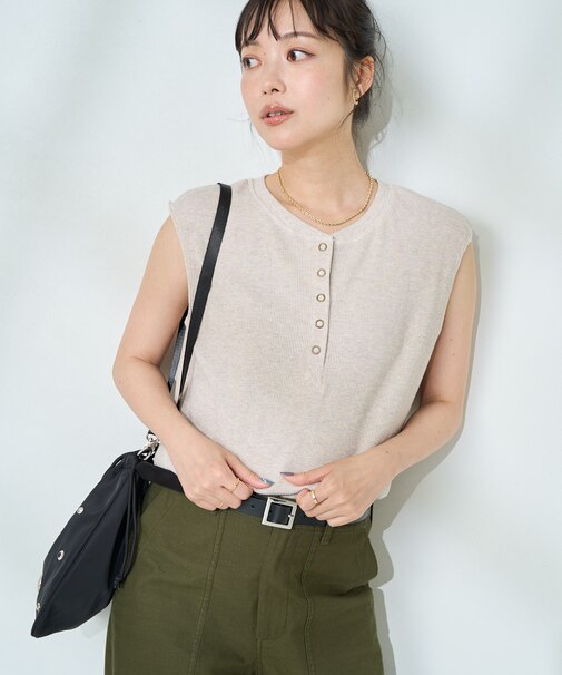 ワッフル フレンチスリーブ ヘンリーTシャツ