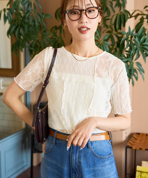 限定展開　パッチワーク レース 半袖 プルオーバー