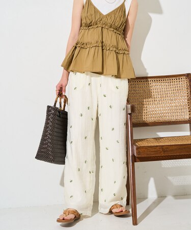 限定展開　シアー 小花柄 刺繍 ルーズパンツ