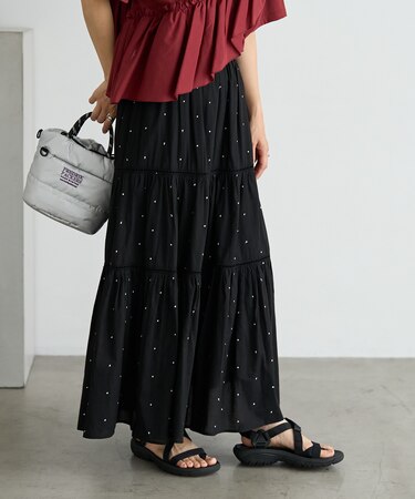 インド ラメドット ティアードマキシスカート/はしごレース ティアードマキシスカート