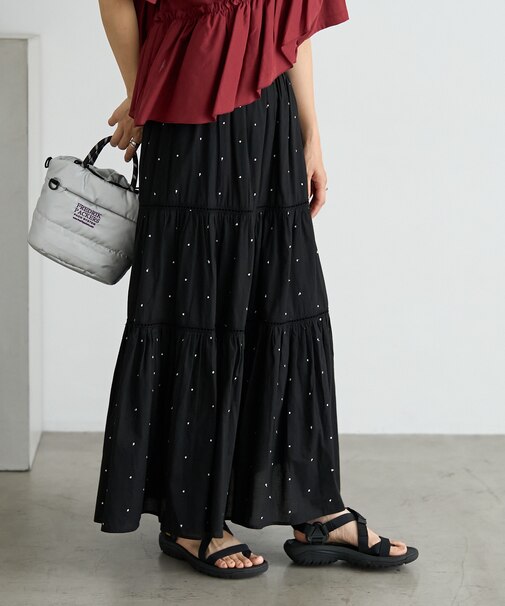 インド ラメドット ティアードマキシスカート/はしごレース ティアードマキシスカート