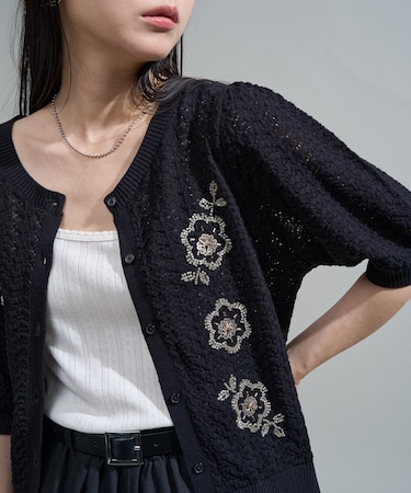透かし編み ビーズ刺繍 サマーニット カーディガン