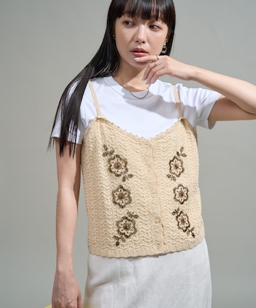 透かし編み ビーズ刺繍キャミソール ビスチェ