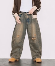 ワイドシルエット カーブ ダメージ加工 デニムパンツ