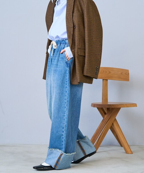 ウォッシュ加工 ロールアップ イージーデニムパンツ【限定展開】