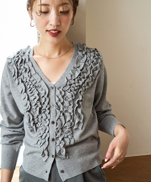 ちび フリル Vネック ニット カーディガン【限定展開】