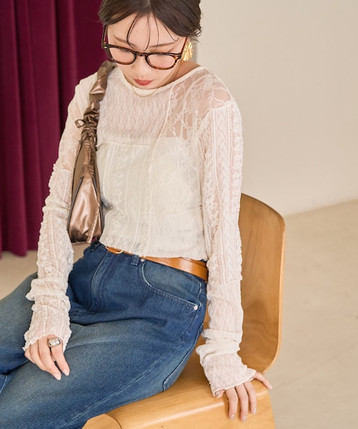 レース パッチワーク ロングスリーブ トップス【限定展開】