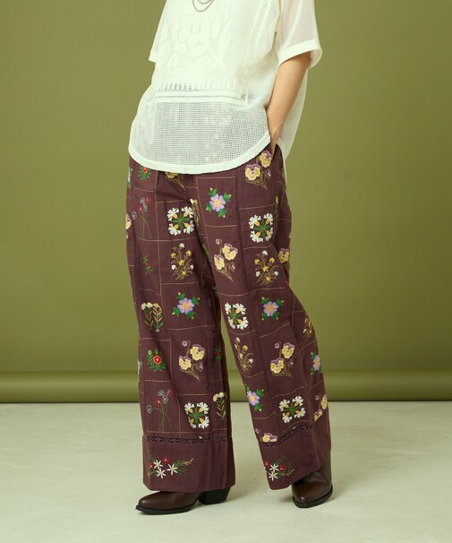 パッチワーク花刺繍パンツ