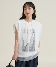 チュールドッキング フォトプリント ノースリーブTシャツ