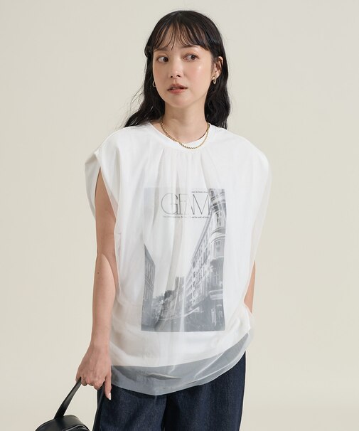 チュールドッキング フォトプリント ノースリーブTシャツ