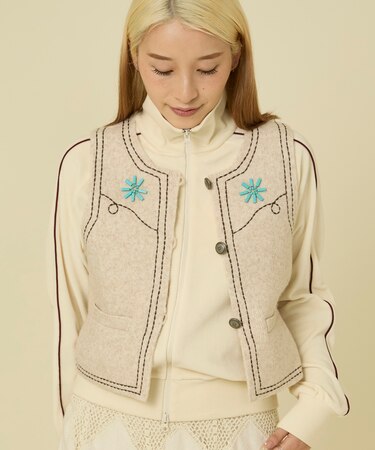 ウエスタン調 ビーズニットベスト/コンチョボタンベスト