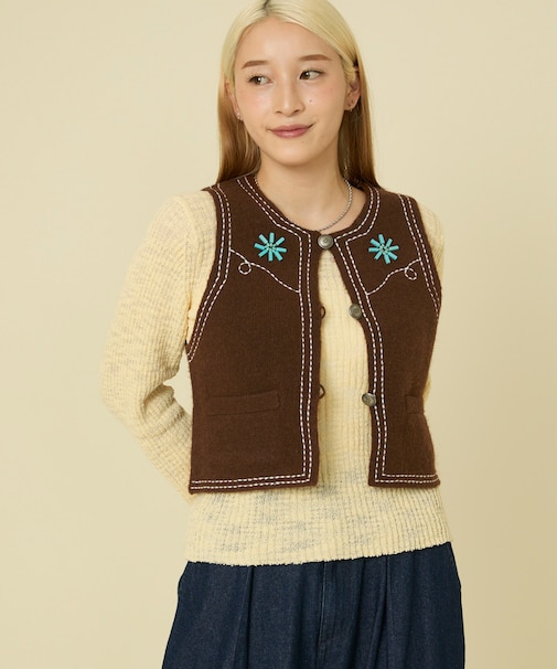 ウエスタン調 ビーズニットベスト/コンチョボタンベスト