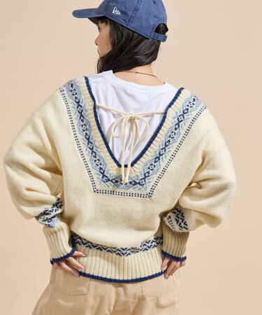 ウール チロリアン バックリボン Vネックニット