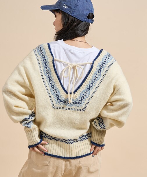 ウール チロリアン バックリボン Vネックニット