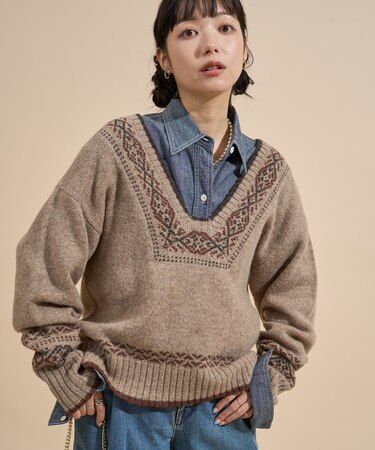 ウール チロリアン バックリボン Vネックニット