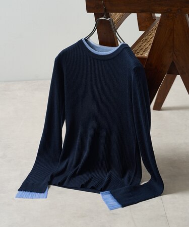 ＜新色・サイズ追加＞ウォッシャブル 配色 レイヤードシアーニット