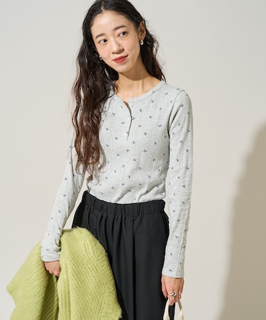 リボン柄 針抜きフライス ヘンリーロンT