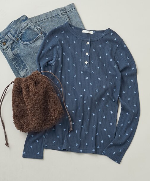 リボン柄 針抜きフライス ヘンリーロンT