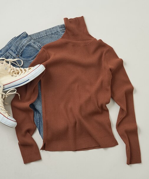 ＜マシーンウォッシャブル＞シルク入り タートルネックリブニット