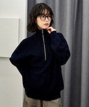 ＜マシーンウォッシャブル＞シルク入り 畔編み ハーフジップニット セットアップ対応