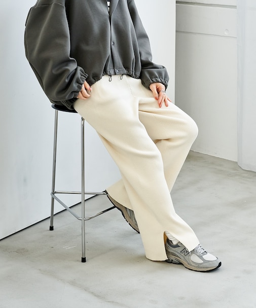 ＜マシーンウォッシャブル＞シルク入り リブニットパンツ　セットアップ対応