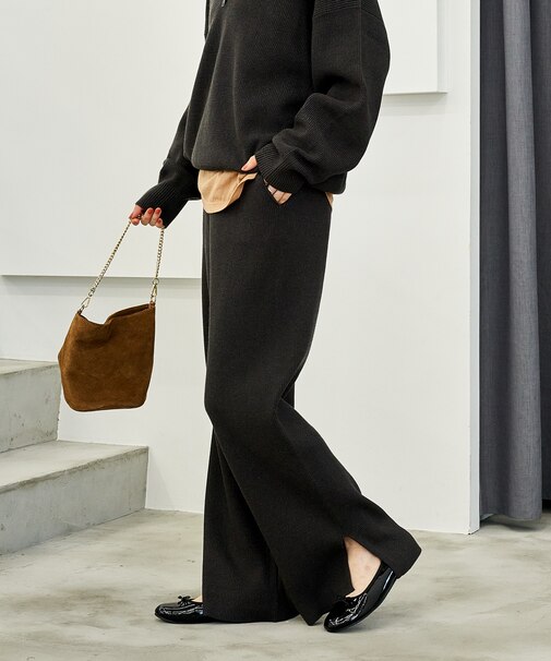 ＜マシーンウォッシャブル＞シルク入り リブニットパンツ　セットアップ対応