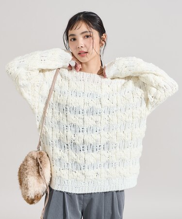 スラブ風 ケーブルニットプルオーバー