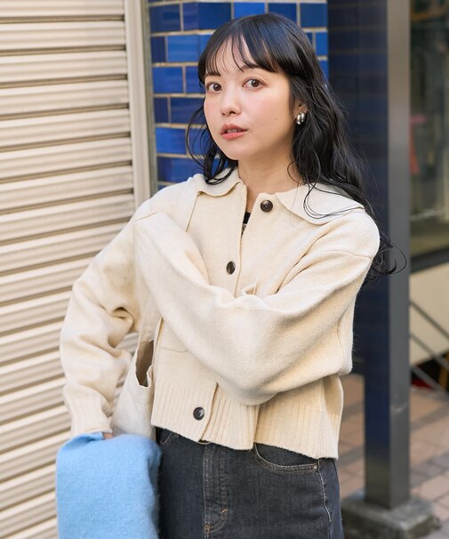 襟付き ポケットショートニットカーディガン/ ポロ襟 カーディガン