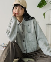 襟付き ポケットショートニットカーディガン/ ポロ襟 カーディガン