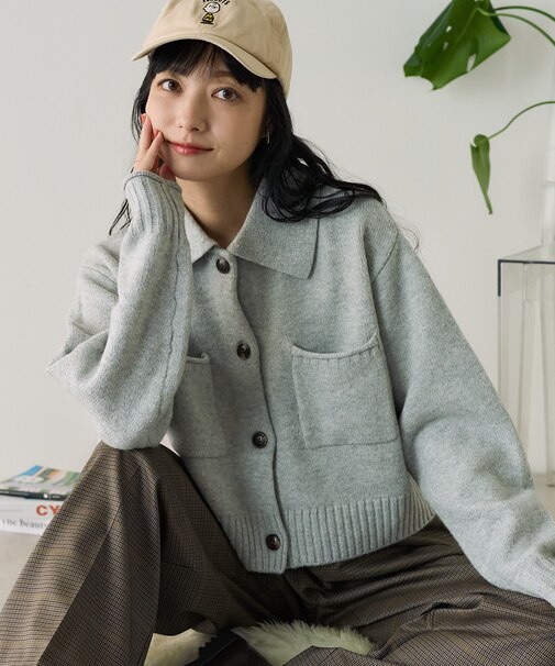 襟付き ポケットショートニットカーディガン/ ポロ襟 カーディガン