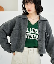 襟付き ポケットショートニットカーディガン/ ポロ襟 カーディガン