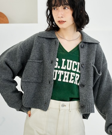 襟付き ポケットショートニットカーディガン/ ポロ襟 カーディガン