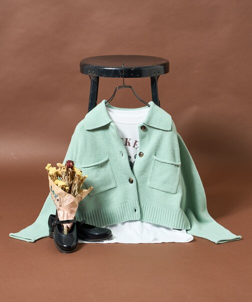 襟付き ポケットショートニットカーディガン/ ポロ襟 カーディガン