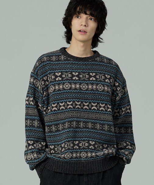 総柄 フェアアイル モール クルーネックニット