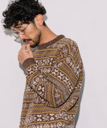 総柄 フェアアイル モール クルーネックニット