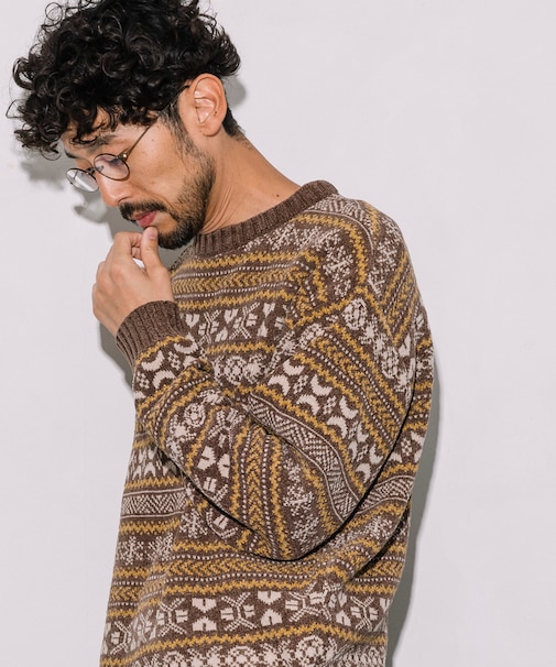 総柄 フェアアイル モール クルーネックニット