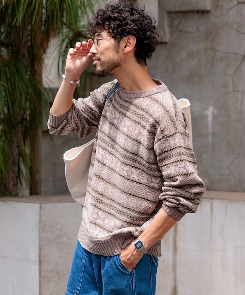 総柄 フェアアイル モール クルーネックニット