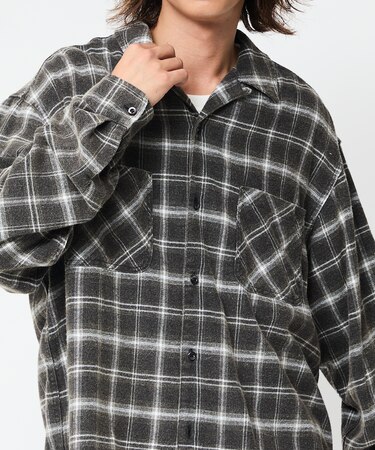 ブリーチ加工 オープンカラー チェックシャツ ロングスリーブ