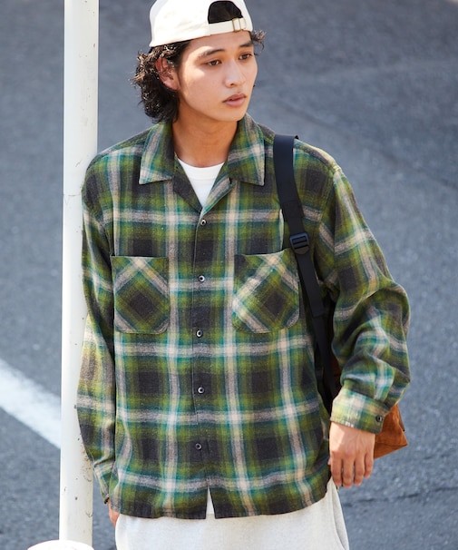 ブリーチ加工 オープンカラー チェックシャツ ロングスリーブ