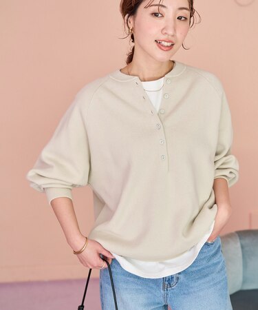 <新色追加>スウェットライク ヘンリーネック ニット プルオーバー【限定展開】