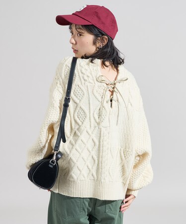 2way リメイク風 ケーブル レースアップ ニットプルオーバー