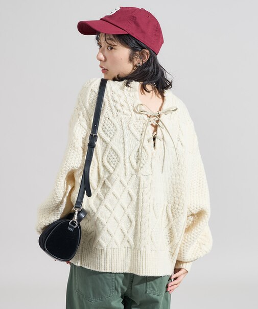 2way リメイク風 ケーブル レースアップ ニットプルオーバー