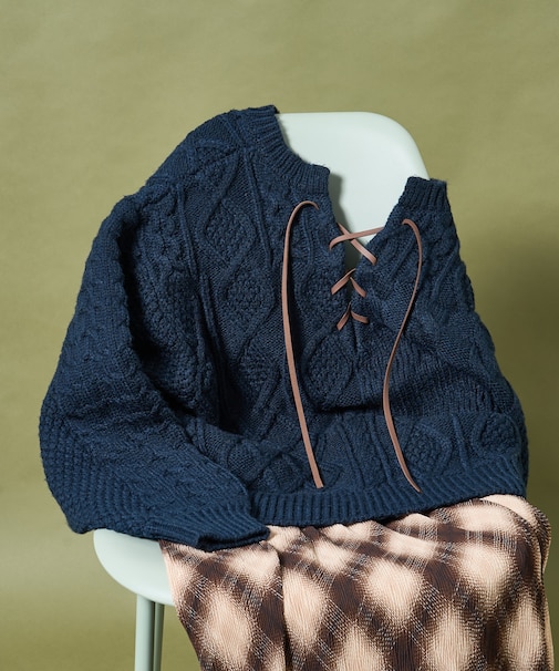 2way リメイク風 ケーブル レースアップ ニットプルオーバー