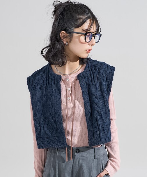 リメイク風 リボン ケーブルショートベスト